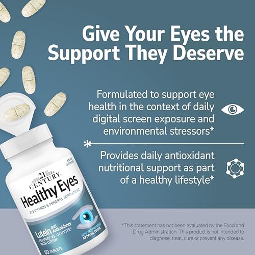 21st Century Healthy Eyes with Lutein Vision Support Tablets, 60 Count | Eye Vitamin with Lutein Plus Antioxidants A, Compare VS. Ocuvite® with Lutein, C, E, Zinc, Vision & Eye Health Support