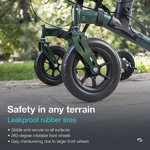 Helavo Upright Walker with Seat, Foldable Stand Up Walker with Rubber Tires | All Terrain Tall Standing Rollator, Padded Armrests, Height Adjustable