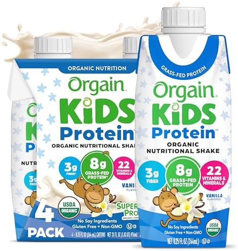 Orgain Organic Kids Dairy 8g Protein Shake, Chocolate, 8.25 oz, 4pk | Nutritional drink, grass-fed protein, 22 vitamins & minerals, 3g fiber, non-GMO, no soy, healthy snack for picky eaters