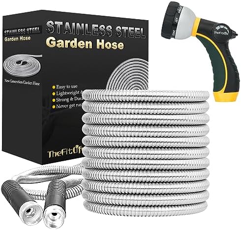 TheFitLife Flexible Metal Garden Water Hose - Upgrade Leak and Fray Resistant Design, Stainless Steel with Solid Fittings and Sprayer Nozzle