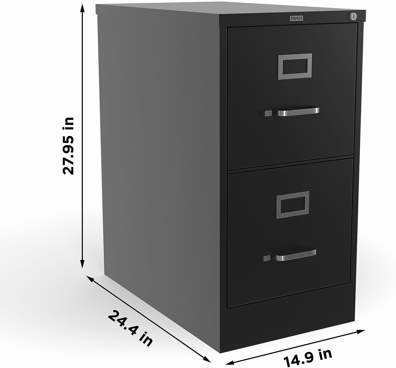 Staples 2-Drawer Vertical File Cabinet, Letter Size Documents, Lockable, 22" D x 15" W x 28.38" H, Black