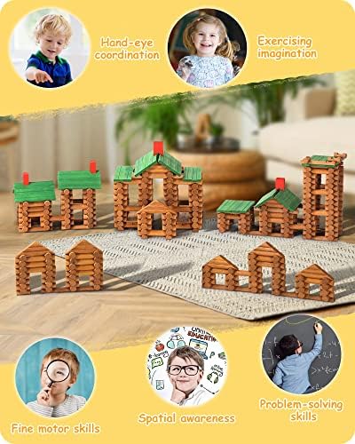SainSmart Jr. 450 PCS Wooden Log Cabin Set Building House Toy for Toddlers, Classic STEM Construction Kit with Colorful Wood Logs Blocks for 3+ Years Old