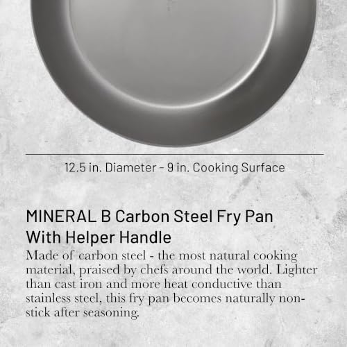 de Buyer MINERAL B Pro Carbon Steel Country Fry Pan with Helper Handle - 12.5” Diameter, 9” Cooking Surface - Ideal for Sauteing, Simmering