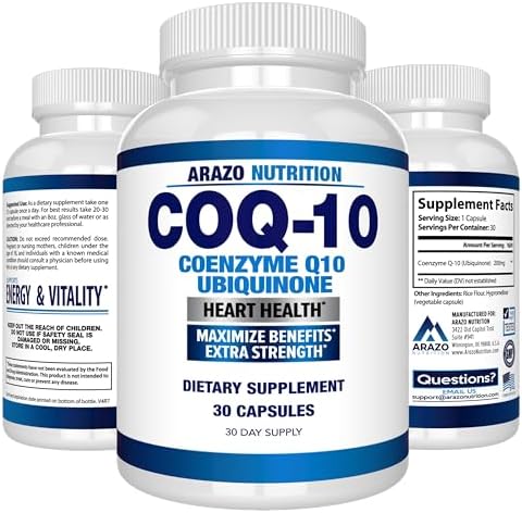 Arazo Nutrition CoQ10 Ubiquinone Coenzyme Q10-200mg Per Serving Maximum Strength Nutritional Supplement - High Absorption Capsules with No Soy