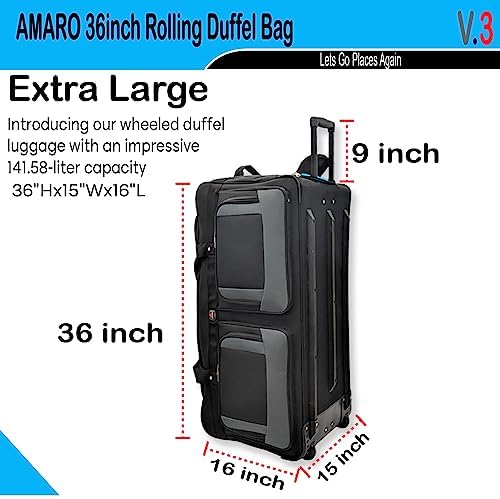 AMARO 36 Inch Rolling Duffle Bag with Wheels, Extra Large Heavy Duty Travel Duffel Luggage with Telescopic Handle, Multiple Pockets, Collapsible Storage, Black/Grey