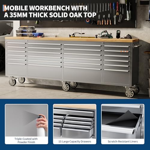 72" Heavy-Duty Rolling Tool Chest & Workbench with 15 Drawers, Steel Rubber Wood Top on Wheels, Key Locking System, Drawer Liners for Garage Warehouse Repair Shop, Black Storage Cabinet.
