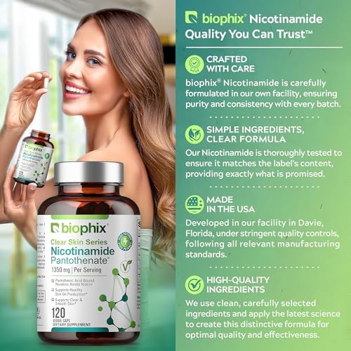 biophix B-3 Nicotinamide Pantothenate 1350 mg 120 Vcaps - Clear Skin Series B5 Pantothenic Acid Natural Flush-Free Nicotinic Amide Niacin - Supports