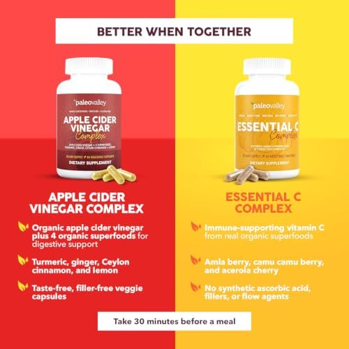 Paleovalley Apple Cider Vinegar Complex Capsules with Organic Superfoods | Gut and Digestive Support, Whole Food Nutrition, No Aftertaste, Unflavored
