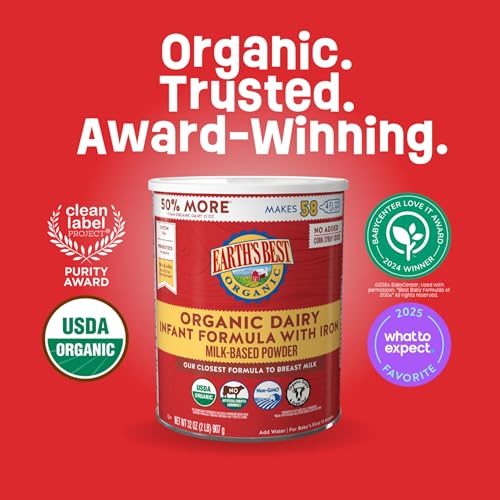 Earth's Best Organic Baby Formula for Babies 0-12 Months, Powdered Dairy Infant Formula with Iron, Omega-3 DHA, and Omega-6 ARA, 32 oz Formula Container