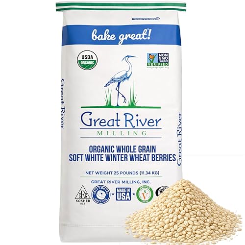Great River Milling Organic Soft White Wheat Berries, Non-GMO, 25 lb | Organic Soft White Wheat Berries for home-milled flour for cakes, muffins, biscuits, pancakes, cookies and pie crust; mild
