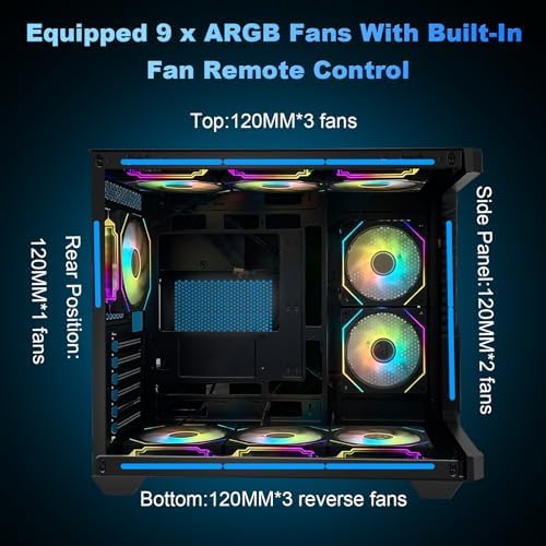 SZSKYING Mid-Tower Gaming ATX PC Case, 9 ARGB Fans with Remote, Tempered Glass, 360mm Radiator, Type-C, Black.