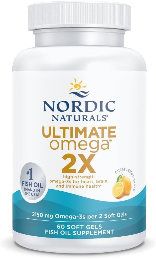 Nordic Naturals Ultimate Omega 2X, 2150mg Fish Oil, Lemon - 60 Count | High-potency 2X formula with EPA & DHA for brain & heart health. Non-GMO soft gels. 30 servings.
