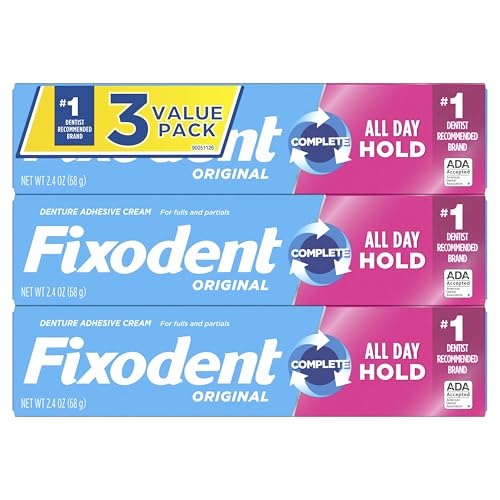 Fixodent Complete Denture Adhesive Cream, Original, 2.4 oz (3-Pack) – Strong False Teeth Glue, Secure Dental Adhesive for Full and Partial Plates