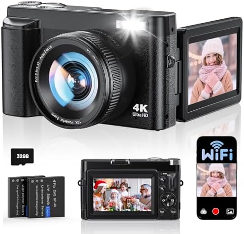 4K Digital Camera for Photography, with WiFi, 180° Flip Screen, 32GB Card | 64MP, Autofocus, 30FPS Video, Flash, Anti-Shake, 16X Zoom