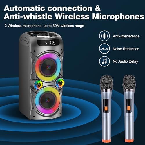Karaoke Machine with 2 Wireless Microphones, Portable PA System Big Bluetooth Speaker with LED Lights, Remote Control Support Bass/Treble Adjustment