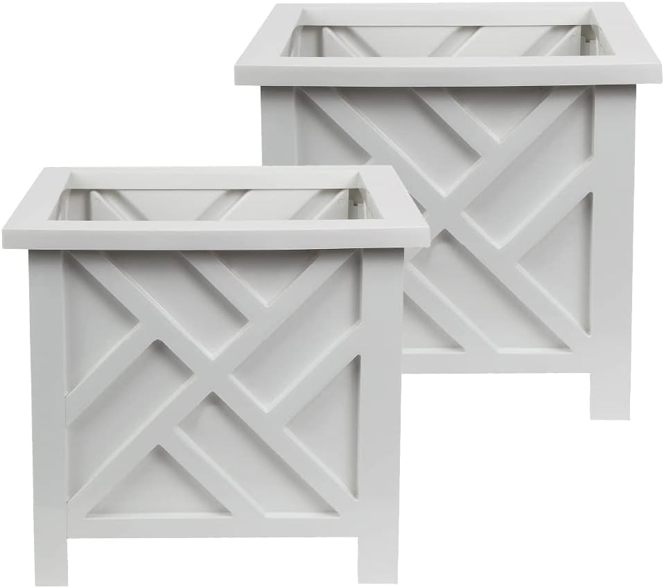 Trenton Gifts Chippendale White Planter Box Set of 2 - Elegant Outdoor Plant Pot for Patio, Porch Decor, and Garden Display