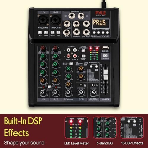 Pyle Professional Wireless DJ Audio Mixer - 4 Channel Bluetooth Controller Sound Mixer, USB Audio Interface