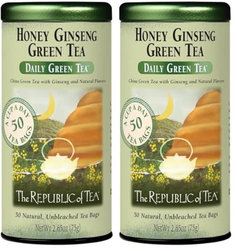 The Republic of Tea Daily Green Honey Ginseng Green Tea, 50 Count | Low Caffeine. A gentle cup for everyday sipping. Fresh with light vegetal notes. Gluten Free and Carb Free.