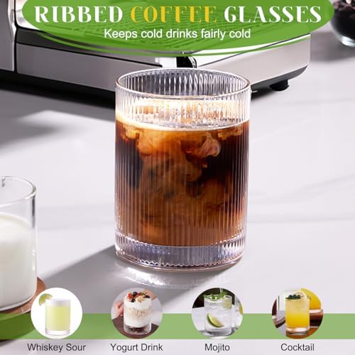Ribbed Drinking Glasses Cups Set of 8 Large Capacity Highball 17oz&12oz | Rocks Cocktail Glasses Ideal for Beer, Juice, Water, Ice Coffee Cup, Whiskey