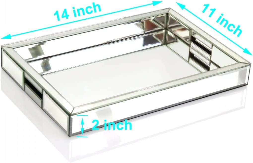 Rectangle Silver Mirror Decorative Tray Size 11” Length x 14” Width x 2” Height, Mirrored Vanity Organizer with Hand
