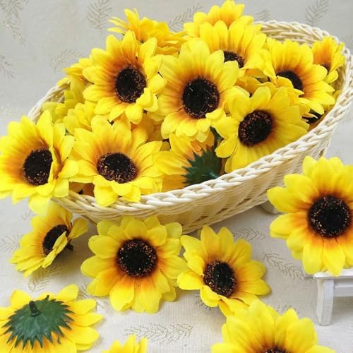 25PCS Fake Sunflowers Heads, 2.8" Artificial Silk Flowers | DIY Crafts Wedding Home Decor, Birthday Party Floral Supplies, Bright Yellow Blooms