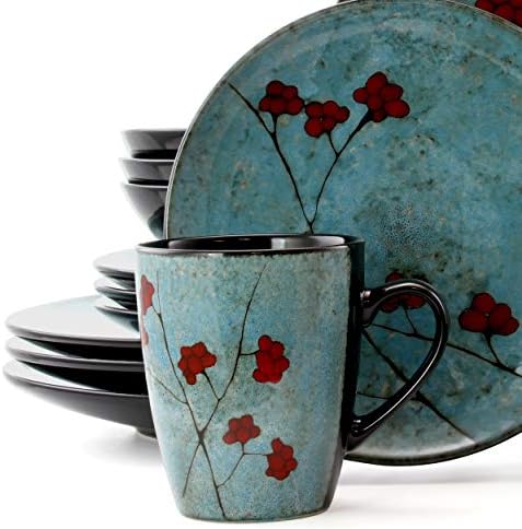 Elama Floral Accents 16 Piece Dinnerware Set in Blue