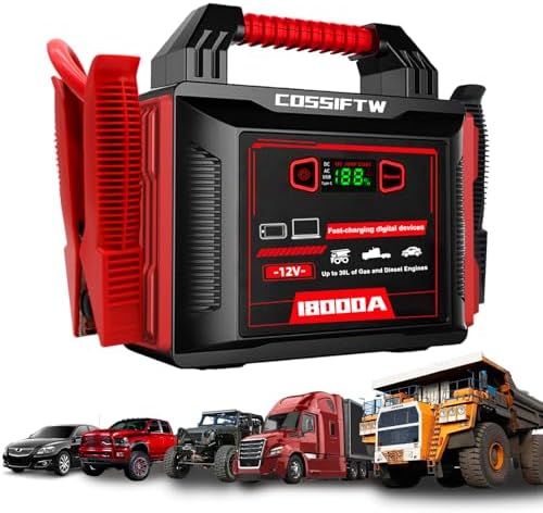 Heavy Duty Trucks 18000A 12V Car Jump Starter Portable Power Bank with PD 60W Two-Way Fast-Charging, Battery Booster Pack for Truck, Diesel, RV, SUV