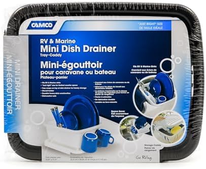 Camco RV Mini Dish Drainer & Tray - Features a Sloped Drain Tray Design, Heavy-Duty Construction - Ideal for Small Spaces, Apartments, Boats, and More -9.5"L x 11.7"W x 4.75"H - Black (43512)