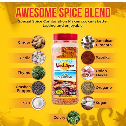 Island Spice Jerk Seasoning 32 ounces - Gluten-Free Vegan-Friendly Dry Rub with Real Jamaican Pimento - Authentic Jerk Flavors and Spice Blend - Use on Chicken, Pork, Beef, Seafood, and Vegan Dishes