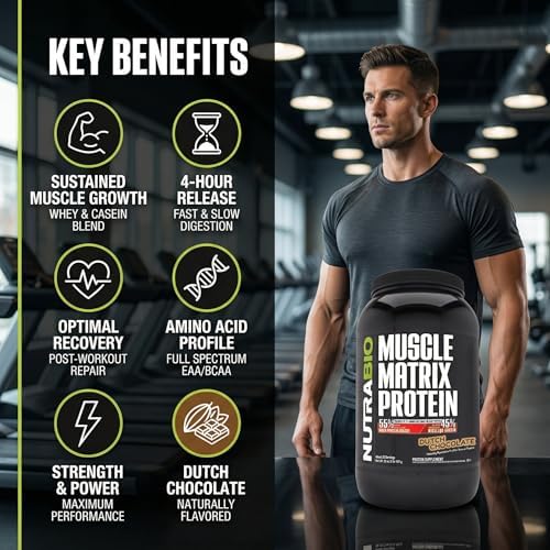 NutraBio Muscle Matrix Protein Powder - 25g of Protein Per Scoop - Whey Isolate and Micellar Casein Combo for Fast and Slow Release - Vanilla - 2 Pounds, 28 Servings