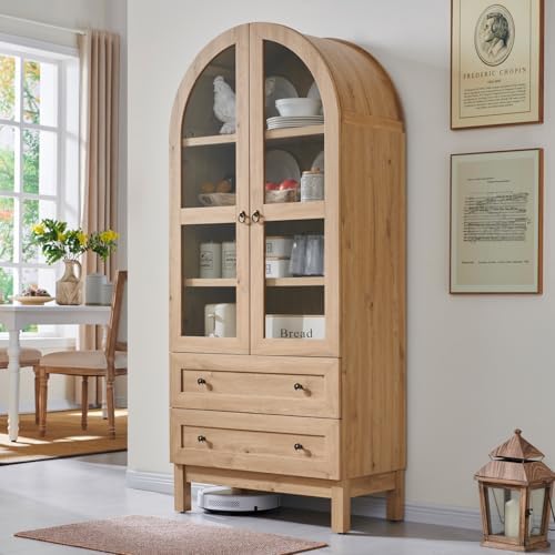 IFGET 71" Tall Arched Kitchen Pantry, Modern Farmhouse Wood Kitchens Storage Cabinets with 2 Large Drawers and Adjustable Shelves, Versatile Cupboard for Kitchen, Dining Room, Bathroom, Natrual