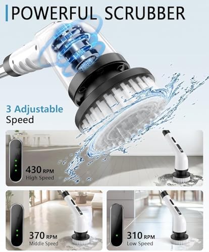 Electric Spin Scrubber for Cleaning Bathroom, Shower Scrubber Cordless Cleaning Brush with IPX7 Waterproof & 3 Speed, 9 Brush Heads