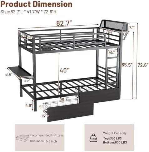 Twin XL Bunk Bed with Foldable Desk, LED Lights & Charging Station, Black | Upper Bunk Storage & 2 Drawers, Safety Guardrails with 4 Hooks, Space-Saving Design for Kids and Teens