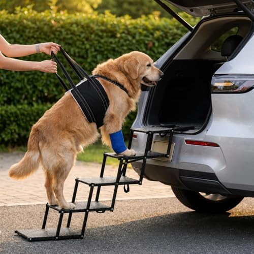 VERALUX 5 Step Foldable Dog Stairs for Large Dogs | Folding & Collapsible Dog Stairs for Car & SUV | Steps for Dogs to Get in Car | XL Lift Harness