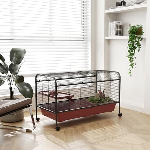 PawHut 41" L Small Animal Cage Rabbit Hutch with Feeder, Rolling Wheels Red
