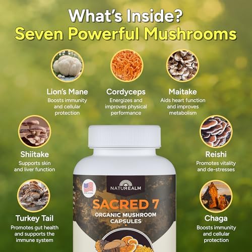 Sacred 7 Brain Mushroom Powder, Organic 7-in-1 Blend 226 Servings | Seven fruiting body extracts, lions mane cordyceps reishi, stirs into coffee or smoothies, 1000 mg scoop