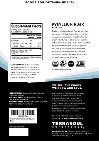 Terrasoul Superfoods Organic Psyllium Husk Powder, 1 Lb - Superfine Texture | 99% Purity | Perfect for Gluten-Free Baking | No Purple Breads