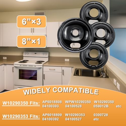 W10290350 W10290353 Porcelain Burner Drip Pans Compatible with Whirl-pool Electric Stove Range Top Drip Bowls Includes 1 Large 8-Inch and 3 Small