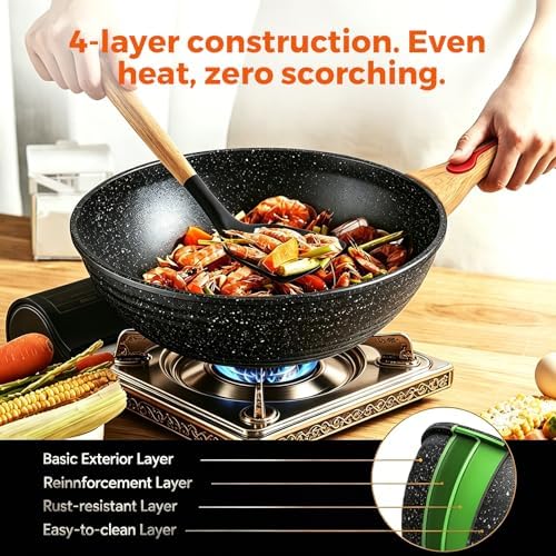 ITSMILLERS Nonstick Wok Aluminium Die-casting Chinese Wok, Scratch Resistant With Lid and Spatula, PFOA-Free, Dishwasher Safe & Induction Bottom