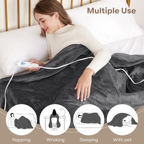 PROALLER Electric Heated Blanket Queen Size with 6 Levels & 8h Auto Off, Ultra Soft Flannel Full Body Heating Blanket, Machine Washable, Warm Gray, 84" x 90"