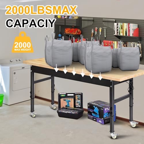 60" Adjustable Work Bench, Rubber Wood Top Workbench | Heavy-Duty Work Table with Power Outlet and Wheels