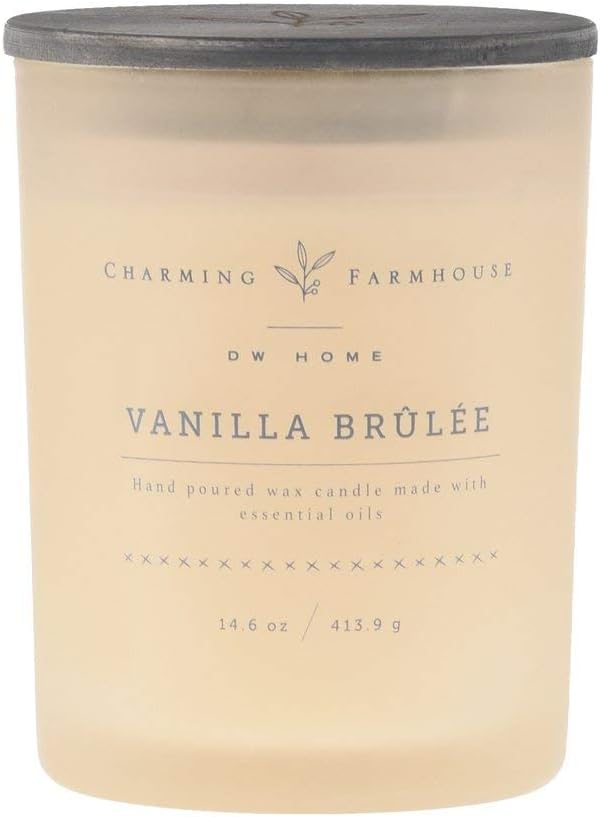 DW Home Charming Farmhouse Collection Vanilla Brulee Scented 2 Wick Candle Topped with a Rustic Wooden Lid