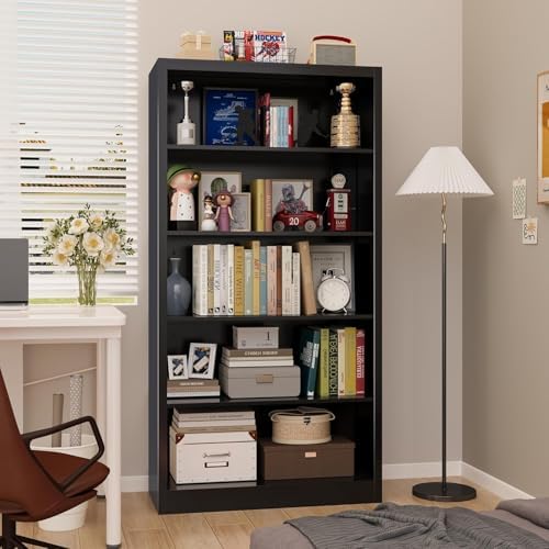 66 in Black Heavy Duty Metal Bookshelf, 5-Tier Adjustable Tall Bookcase, Industrial Floor Standing Storage Shelf 180 lbs Load Per Shelf for Living Room Home Office Bedroom Garage