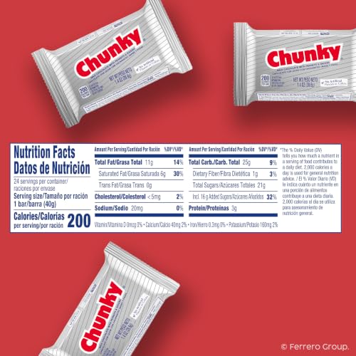 Chunky, Bulk 24 Pack, Milk Chocolate with Peanuts and Raisins Individually Wrapped Candy Bars, 33.6 Oz