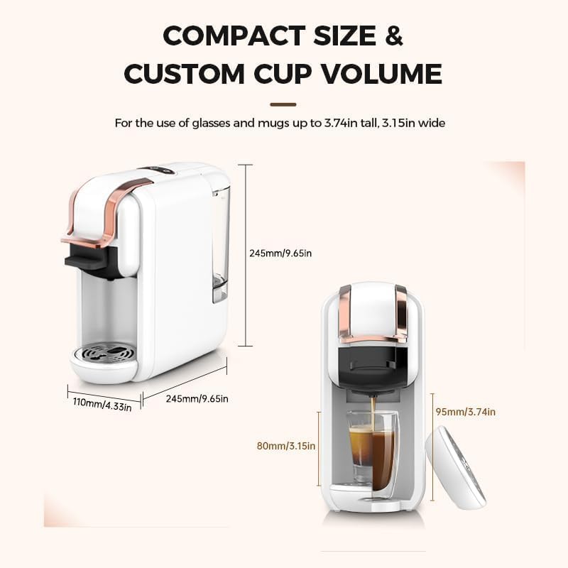 4-in-1 Pods Coffee Maker 19Bar, Compact Design Fast Brew Hot/Cold Espresso Machine for K Cup Pods,Nes Original/DG Capsule and Ground Coffee at Home or Office (White)