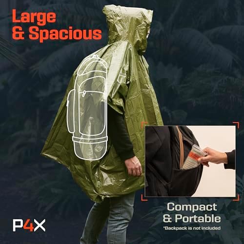 PREPARED4X Emergency Mylar Poncho – Survival Rain Poncho with Hood – Lightweight, Compact, Reusable Emergency Blanket Poncho for Hiking, Camping