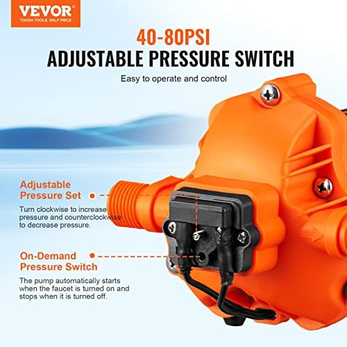 VEVOR Water Pressure Diaphragm Pump, RV Water Pump, Fresh Water Pump110V AC, 3.3 GPM, Pressure Adjustable