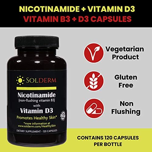 Nicotinamide Non-Flushing Vitamin B3 and D3 Supplement | Vegetarian and Gluten-Free Oral Nicotinamide Supplement with Vegetable Cellulose Casings