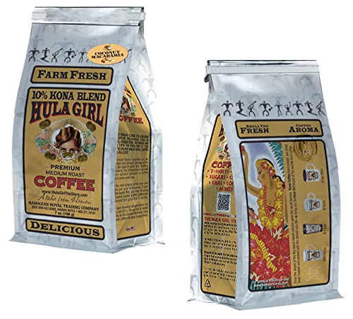 Hula Girl 10% Kona Ground Coffee, Grown in Hawaii, Hand Picked, Sun Dried, Fresh Roasted and Packed in Hawaii for 30 years, 7 Ounce