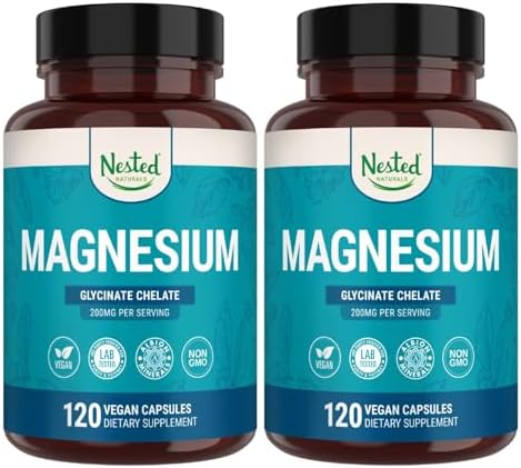 Nested Naturals Magnesium Glycinate Chelate - 200mg Chelated Magnesium Supplement for Muscle Cramps, Relaxation, & Sleep Support - 100% Albion TRACCS Buffered Magnesium Glycinate - 120 Vegan Capsules